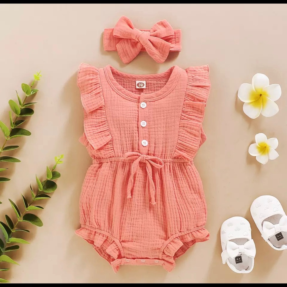 Baby girls linen romper with matching headband - Picture 5 of 8